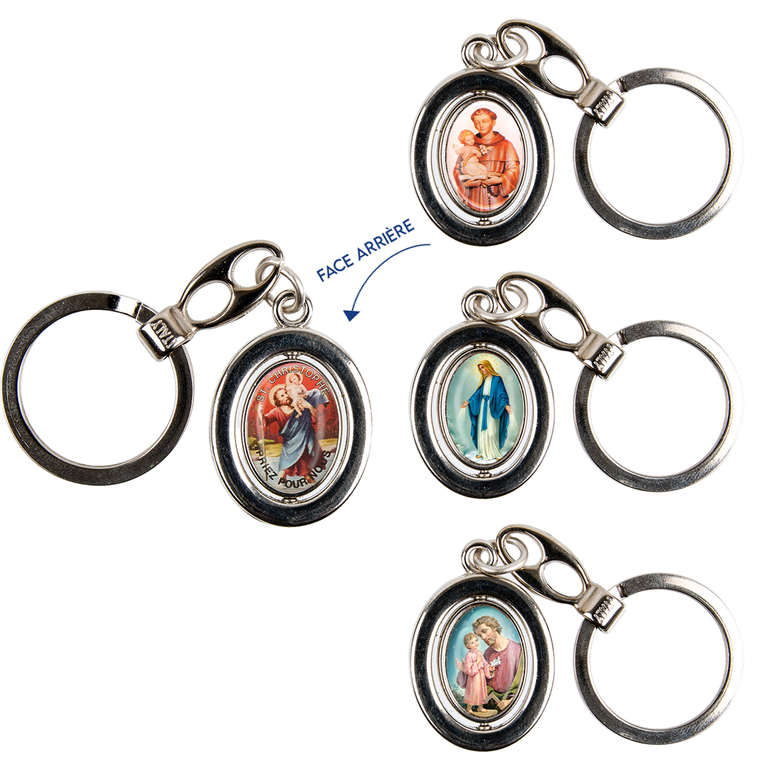 Porte-clés H. 3 cm pivotant couleur argentée double résine, plusieurs saints.