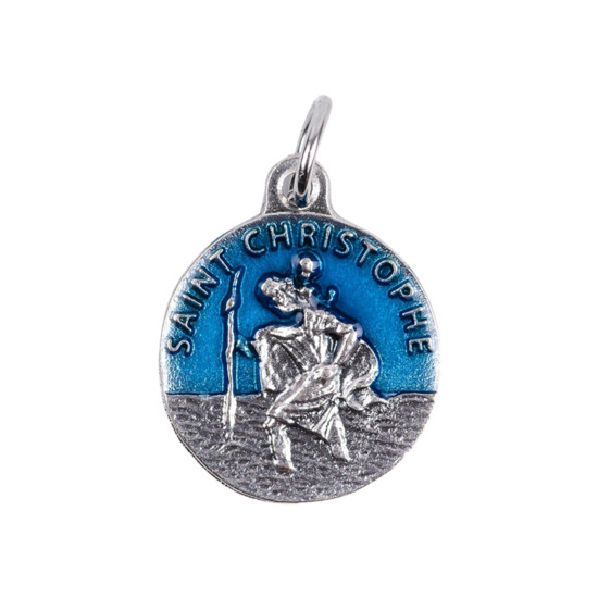 Médaille moulée en métal couleur argentée, émaillé bleu Ø 1,8 cm, plusieurs saints.