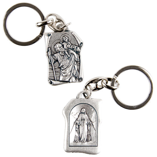 Porte clés parchemin H. 3,2 cm double face saint Christophe / Vierge Miraculeuse.