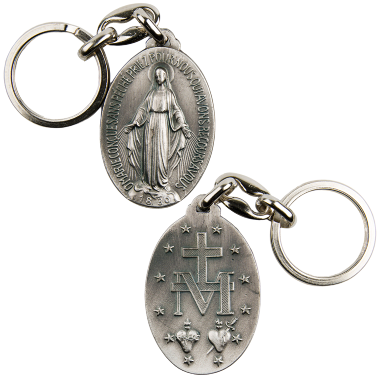 Porte-clés de la Vierge Miraculeuse double face H. 4 cm en métal couleur argentée.