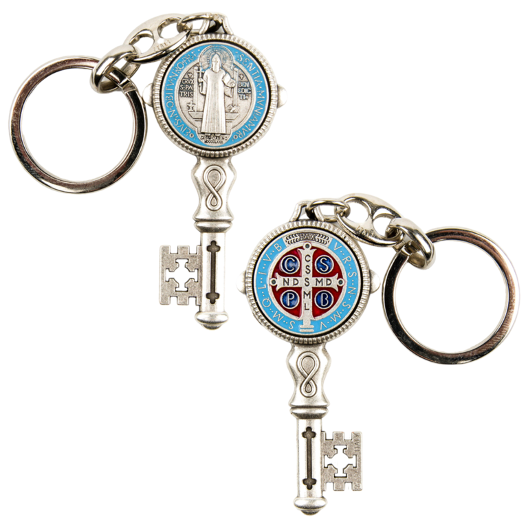 Porte-clés de saint Benoît émaillé H. 6 cm en forme de clés, double face.