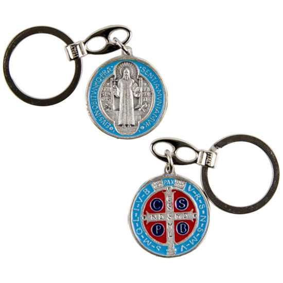 Porte-clés de saint Benoît Ø 3,3 cm en métal émaillé bleu.
