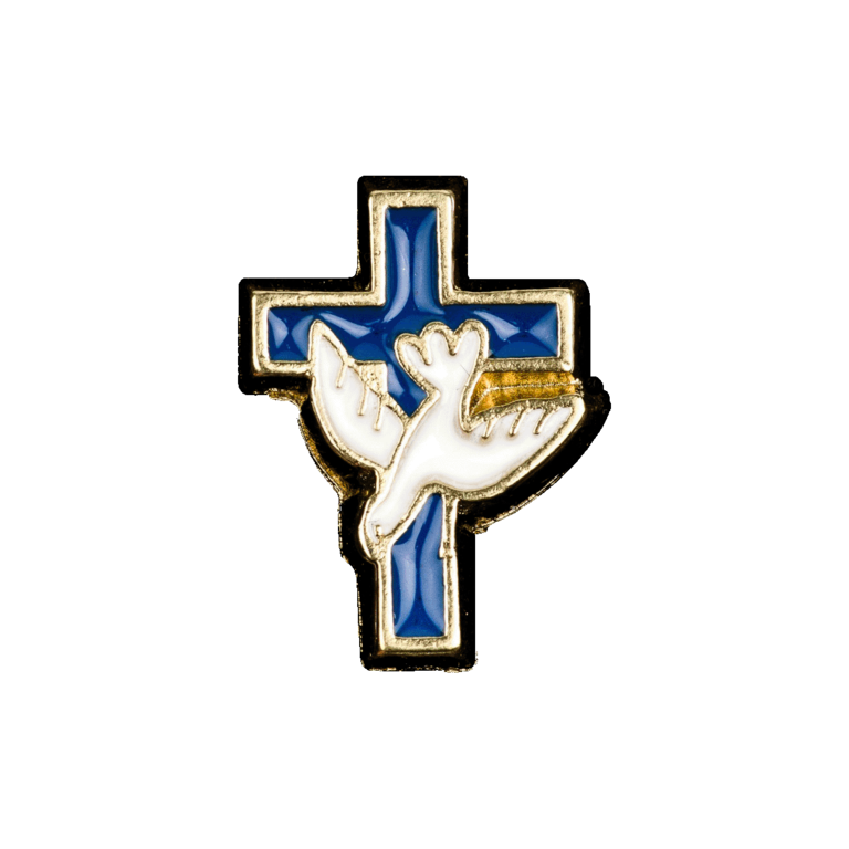 Pin's croix colombe émaillé bleu H. 1,5 cm. 