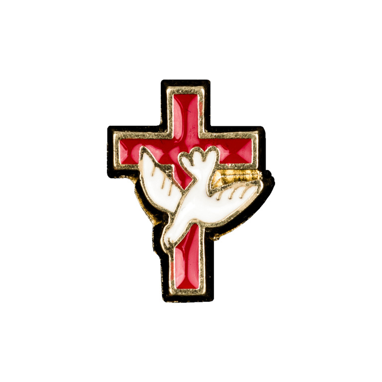 Pin's croix colombe émaillé rouge H. 1,5 cm. 