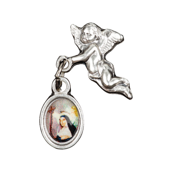 Pin's ange H. 3 cm en métal avec petite médaille résine de sainte Rita.