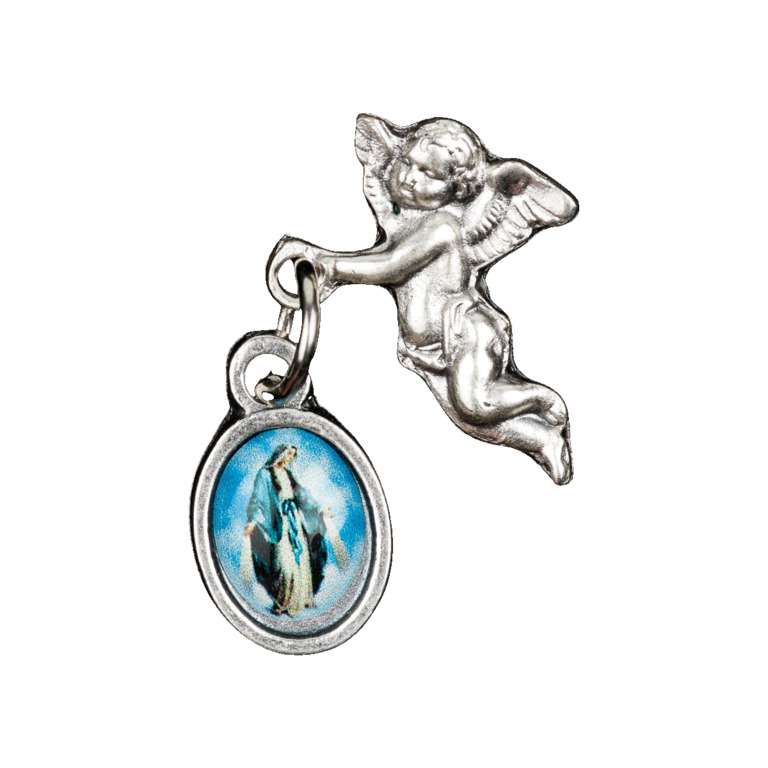 Pin's ange H. 3 cm en métal avec petite médaille résine de la Vierge Miraculeuse.