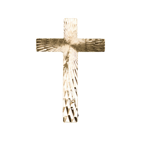 Croix de prêtre striée dorée sur épingle H. 2,5 cm.