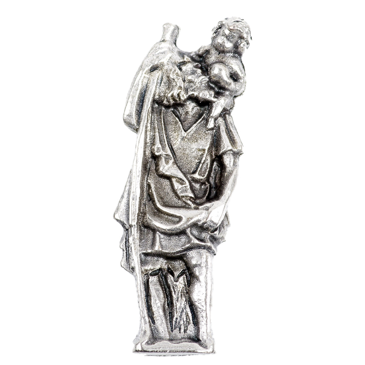 Mini statue métal présentée dans un étui plastique à glisser dans un porte monnaie Hauteur 2,5 cm, plusieurs saints.