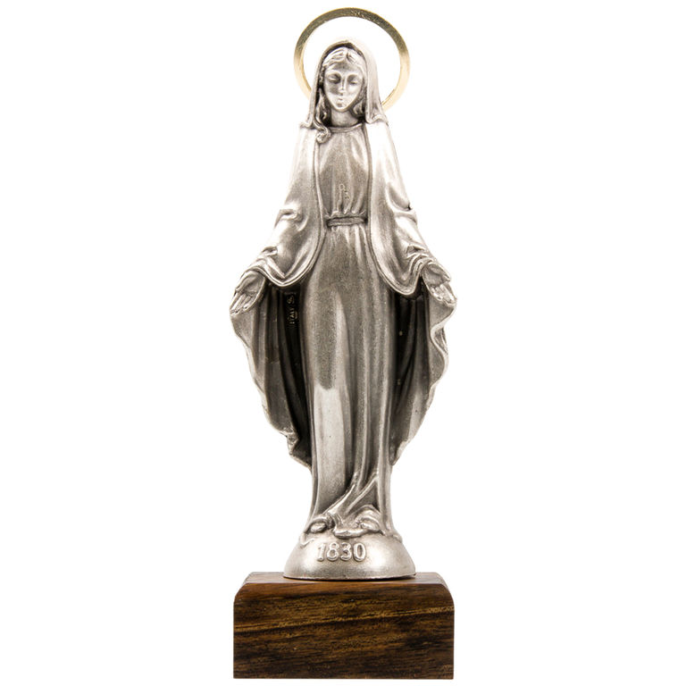 Statue en métal sur socle bois de la Vierge Miraculeuse, Hauteur 11 cm.
