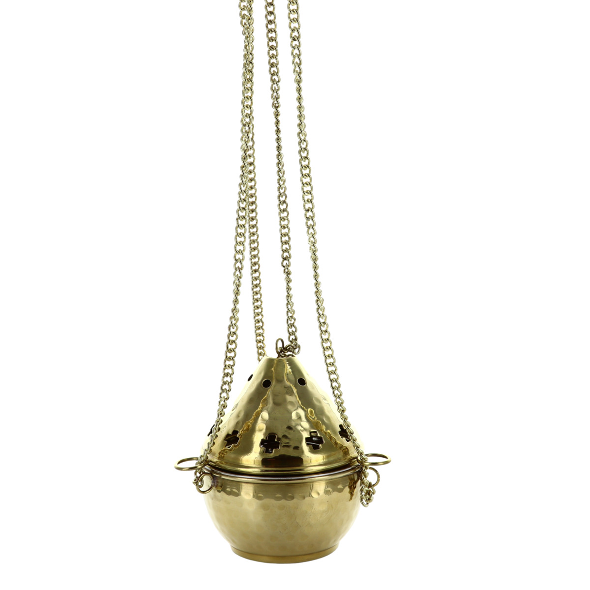 Encensoir d'église doré martelé double cuve H.14 cm Ø 11 cm longeur des  chaînes 88 cm. 