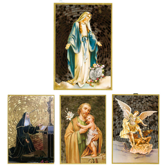Cadre en bois finition feuille d'or à suspendre H. 15 x 10 cm image collée, plusieurs saints.