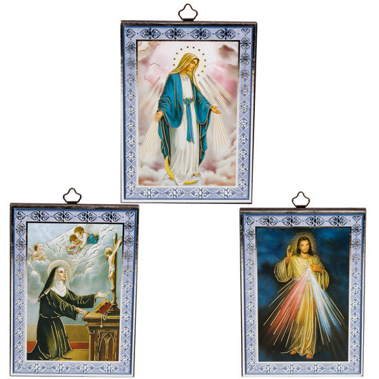 Cadre en bois à suspendre avec liseret couleur argentée et image collée H. 15 x 10 cm, plusieurs saints. 