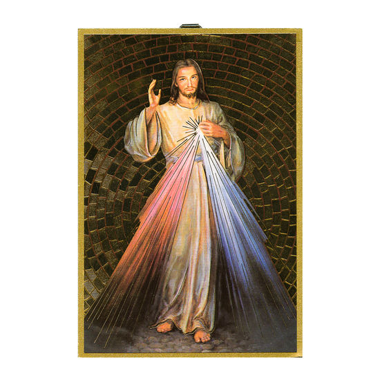 Cadre en bois finition feuille d'or à suspendre H. 15 x 10 cm image collée du Christ Miséricordieux.