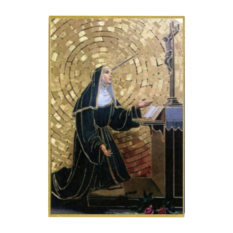 Cadre en bois finition feuille d'or à suspendre H. 15 x 10 cm image collée de sainte Rita.