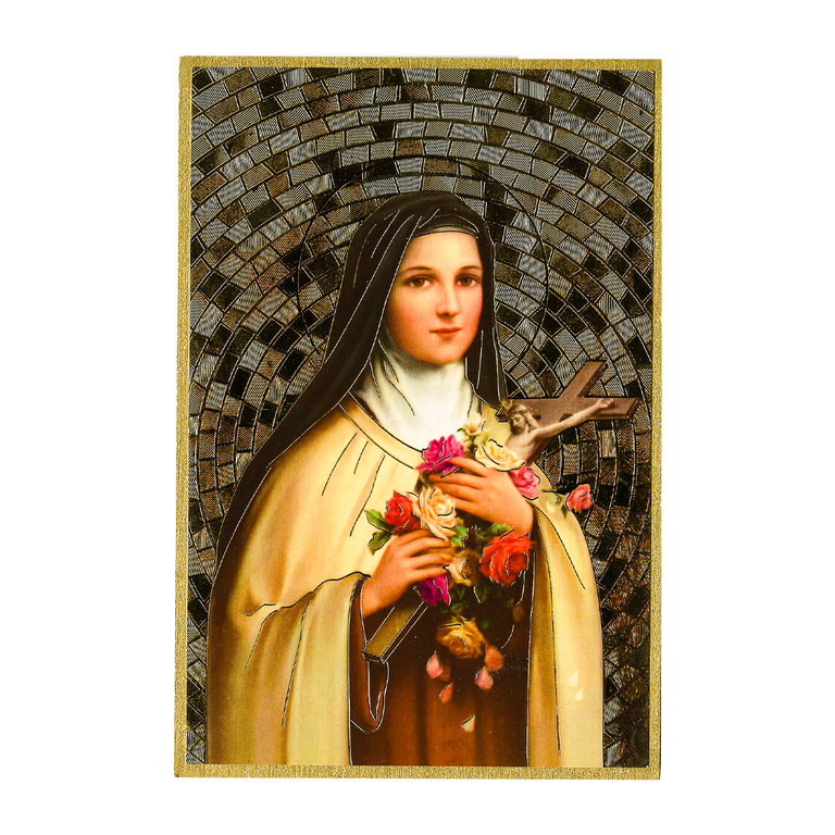 Cadre en bois finition feuille d'or à suspendre H. 15 x 10 cm image collée de sainte Thérèse.