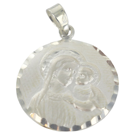 Médaille en argent 925 °/°° de la Vierge à l'enfant, bord festonné Ø 1,8 cm (2,15 g). Livrée en boîte