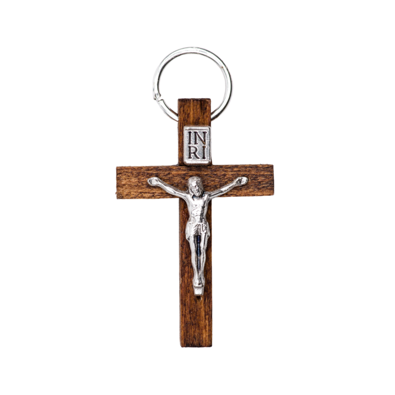 Croix de cou en bois avec Christ métal couleur argentée H. 3,5 cm
