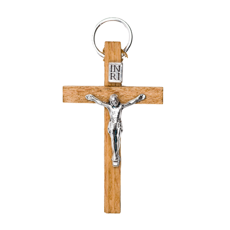 Croix de cou en bois avec Christ métal couleur argentée H. 4,5 cm