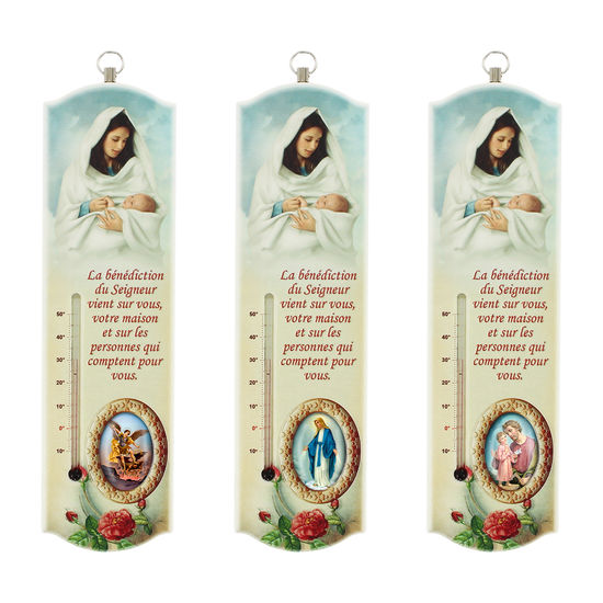 Thermomètre d'intérieur en bois à suspendre H. 20 x 5,5 cm avec Vierge et bénédiction à personnaliser avec une résine, plusieurs saints