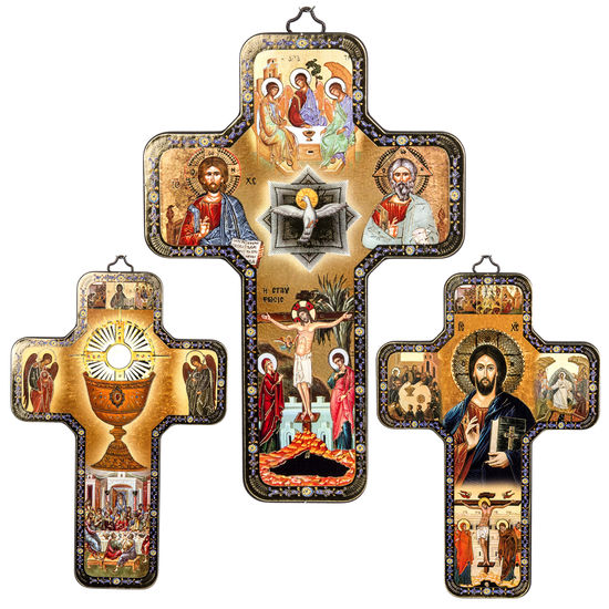 Croix icône en bois avec surimpression en relief dorée/argentée 12x18 cm, plusieurs saints