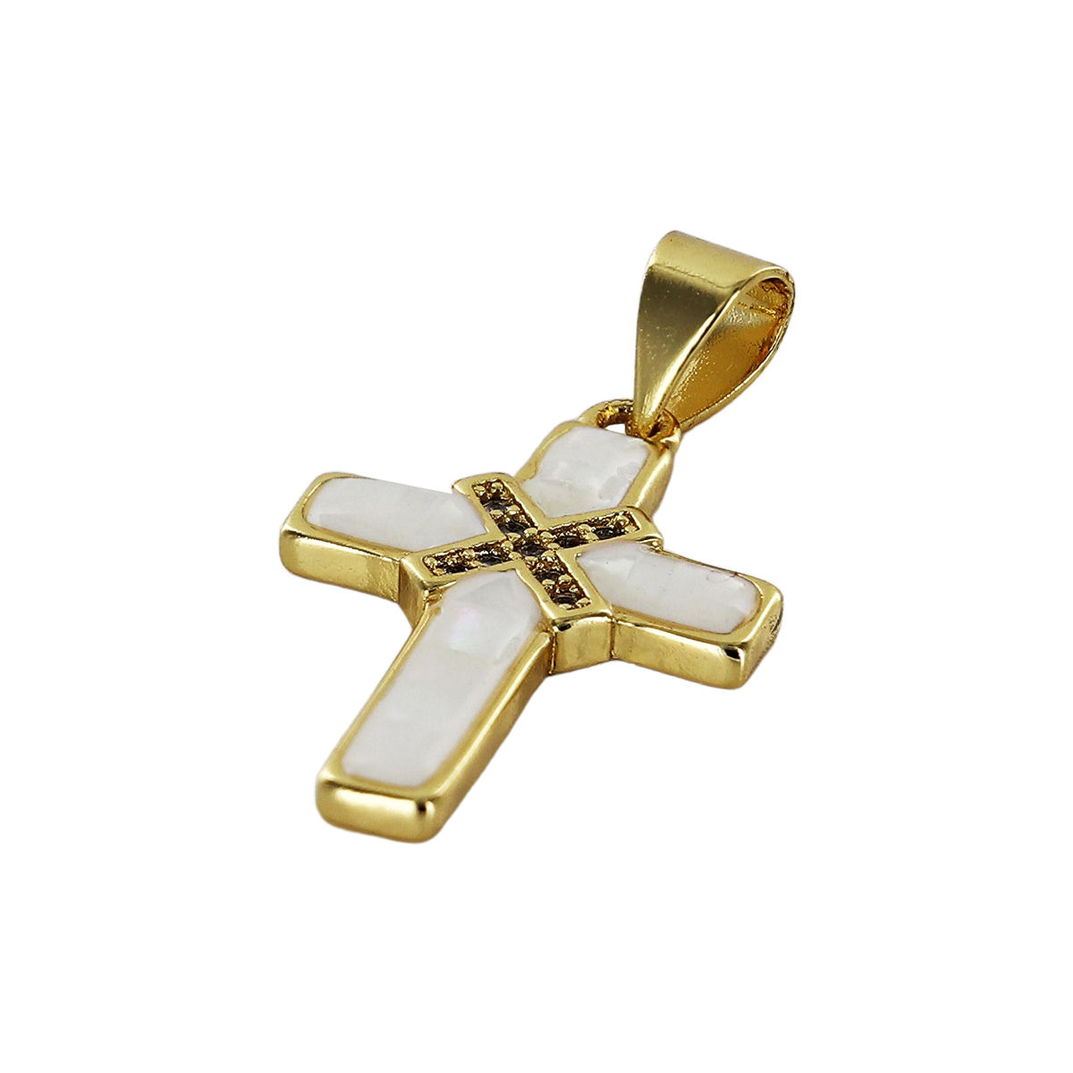 Croix de cou en nacre avec zirconium sertie sur métal couleur dorée H. 2 cm.