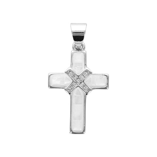 Croix de cou en nacre avec zirconium sertie sur métal couleur argentée H. 2 cm.
