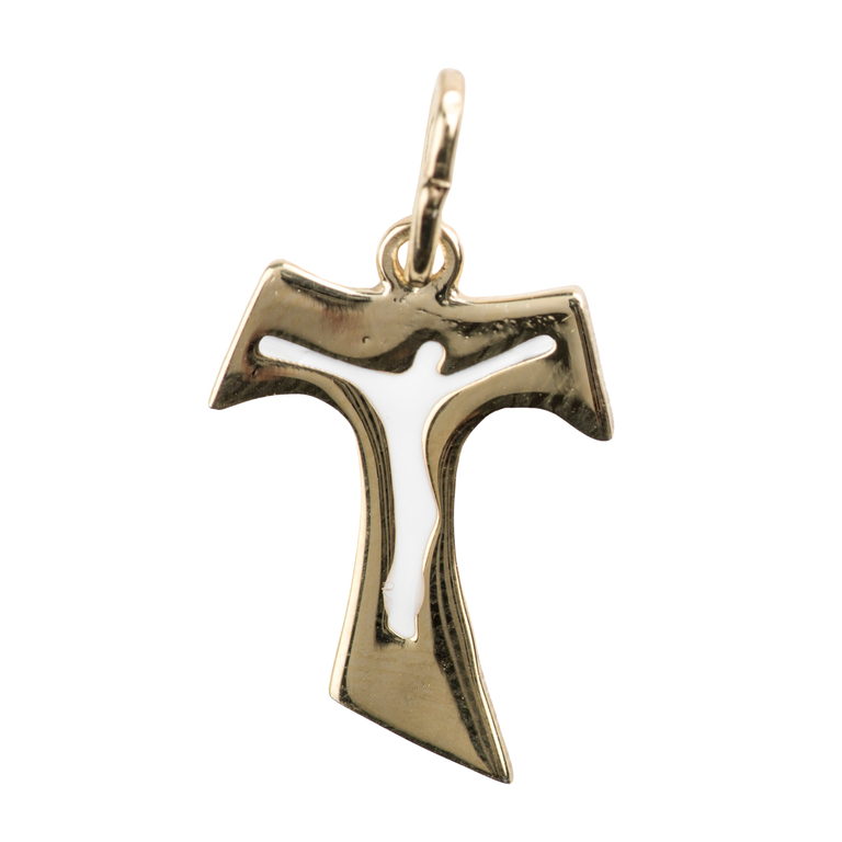 Croix de cou en plaqué or de Tau avec Christ émaillé blanc H. 2 cm. Livrée en boîte