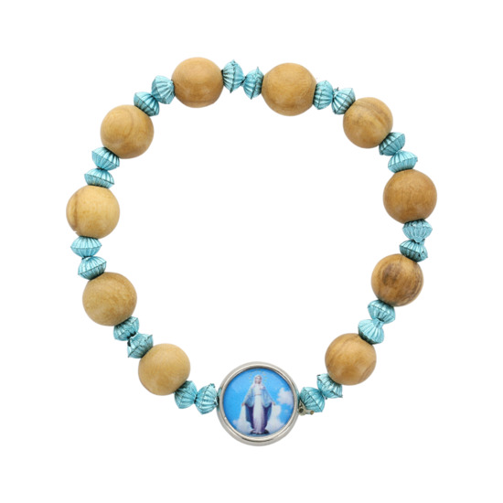 Bracelet dizainier sur élastique pour enfant avec grains bois d'olivier Ø 6 mm médaille résine de la Vierge Miraculeuse.