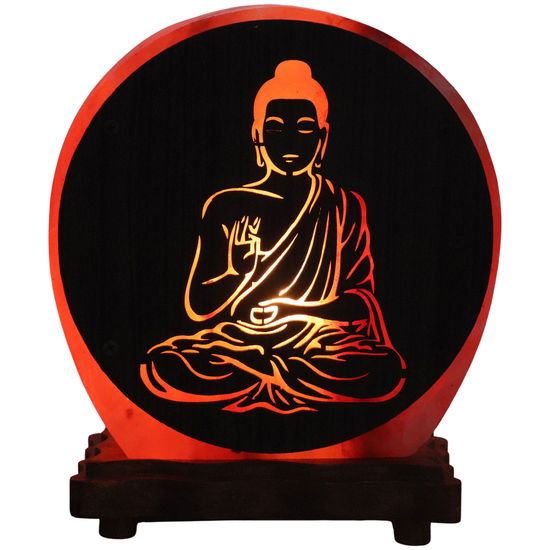 Lampe de sel de l´Himalaya décorative forme ronde Ø 15 cm épaisseur 6,5 cm, décor 3D Bouddha, livrée en boite individuelle avec cordon et ampoule.