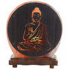 Lampe de sel de l´Himalaya décorative forme ronde Ø 15 cm épaisseur 6,5 cm, décor 3D Bouddha, livrée en boite individuelle avec cordon et ampoule.
