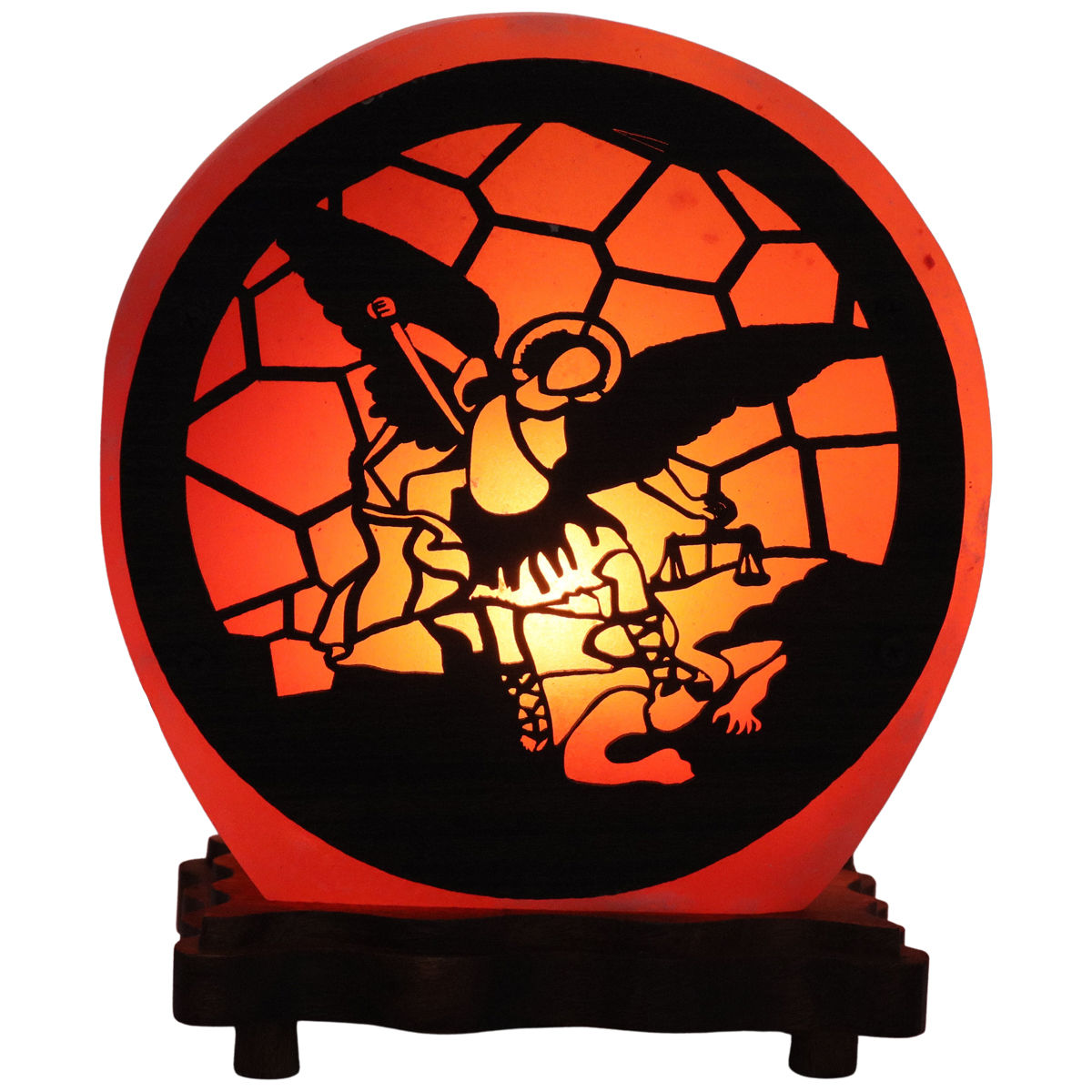 Lampe de sel de l´Himalaya forme ronde Ø 15 cm épaisseur 6,5 cm, décor 3D, livrée en boite individuelle avec cordon et ampoule. Plusieurs saints