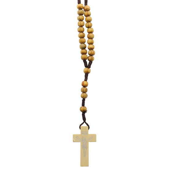 Rosaire grains en bois naturel (20 dizaines) sur corde, Ø 7 mm, longueur au cœur 78 cm, croix en bois avec Christ imprimé.