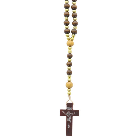 Chapelet sur corde avec fermoir grains bois marron Ø 8 mm, pater 10 mm, longueur au cœur 33 cm, croix avec Christ imprimé.