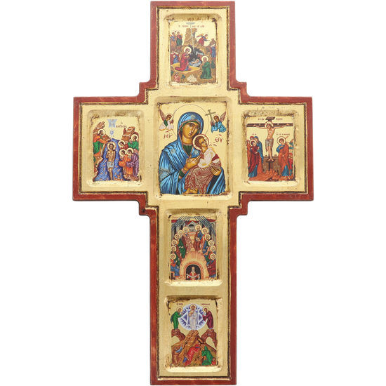 Croix icône en bois sérigraphiée Vie de Jésus à suspendre H.33 x 21 cm.
