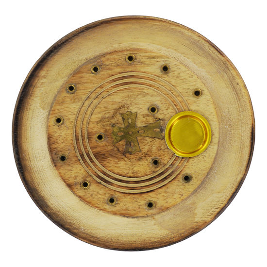 Brûle encens rond pour bâtonnets ou cônes en bois style bois brûlé avec croix  Ø 10 cm. BOITE DE 2.