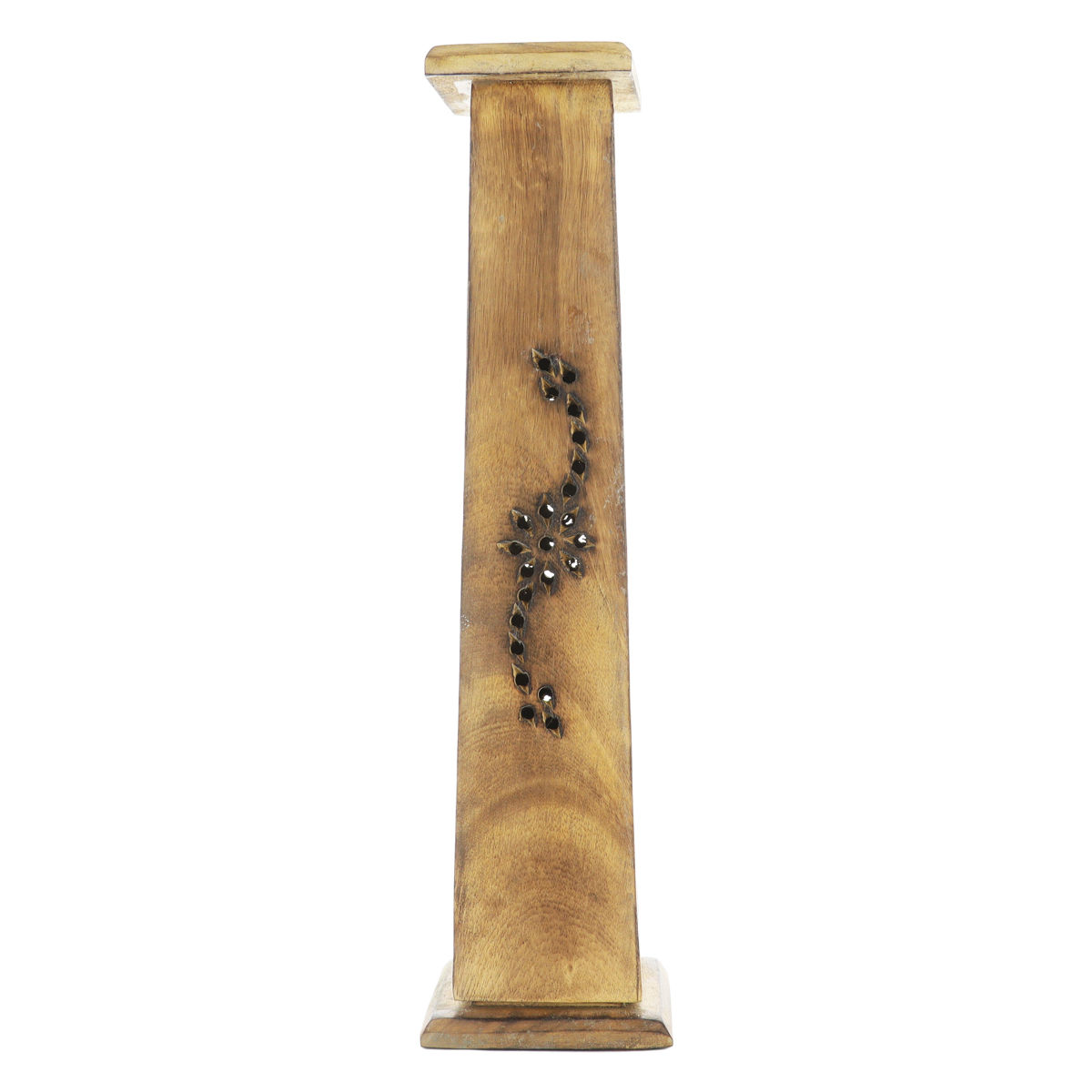 Brûle encens tour carrée 5,5 cm évidée en bois style bois brûlé pour bâtonnets ou cônes, H. 30 cm.