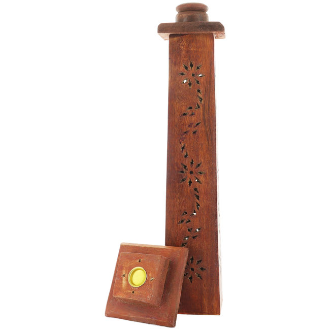 Brûle encens tour carrée 5,5 cm évidée en bois pour bâtonnets ou cônes, hauteur 30 cm.