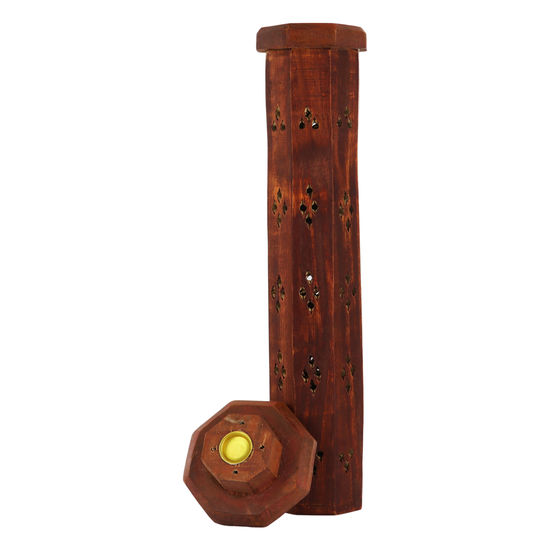 Brûle encens tour octogonale évidée en bois pour bâtonnets ou cônes, hauteur 30 cm, Ø 6 cm.