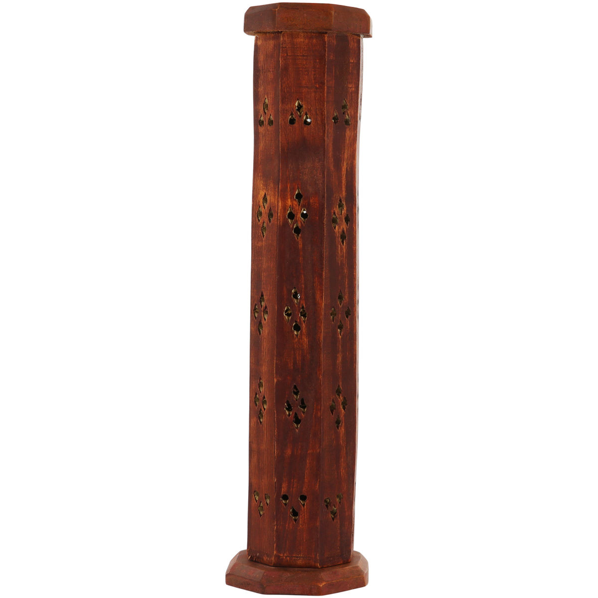 Brûle encens tour octogonale évidée en bois pour bâtonnets ou cônes, hauteur 30 cm, Ø 6 cm.