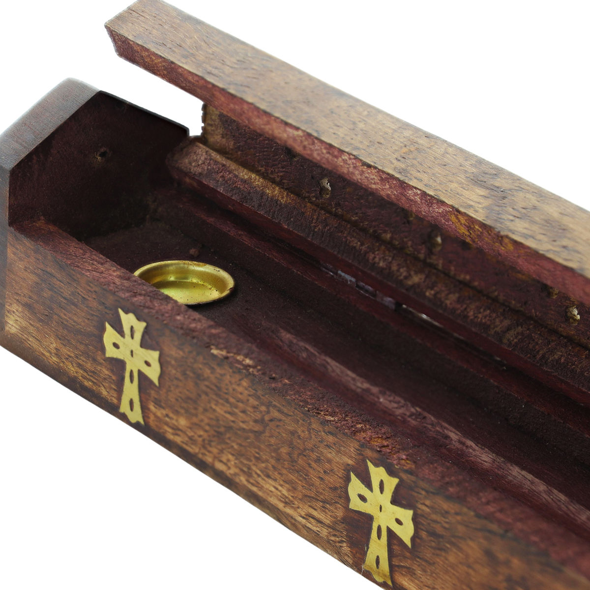 Porte encens coffret pour bâtonnets ou cônes en bois croix  longueur 25 cm, hauteur 5 cm.