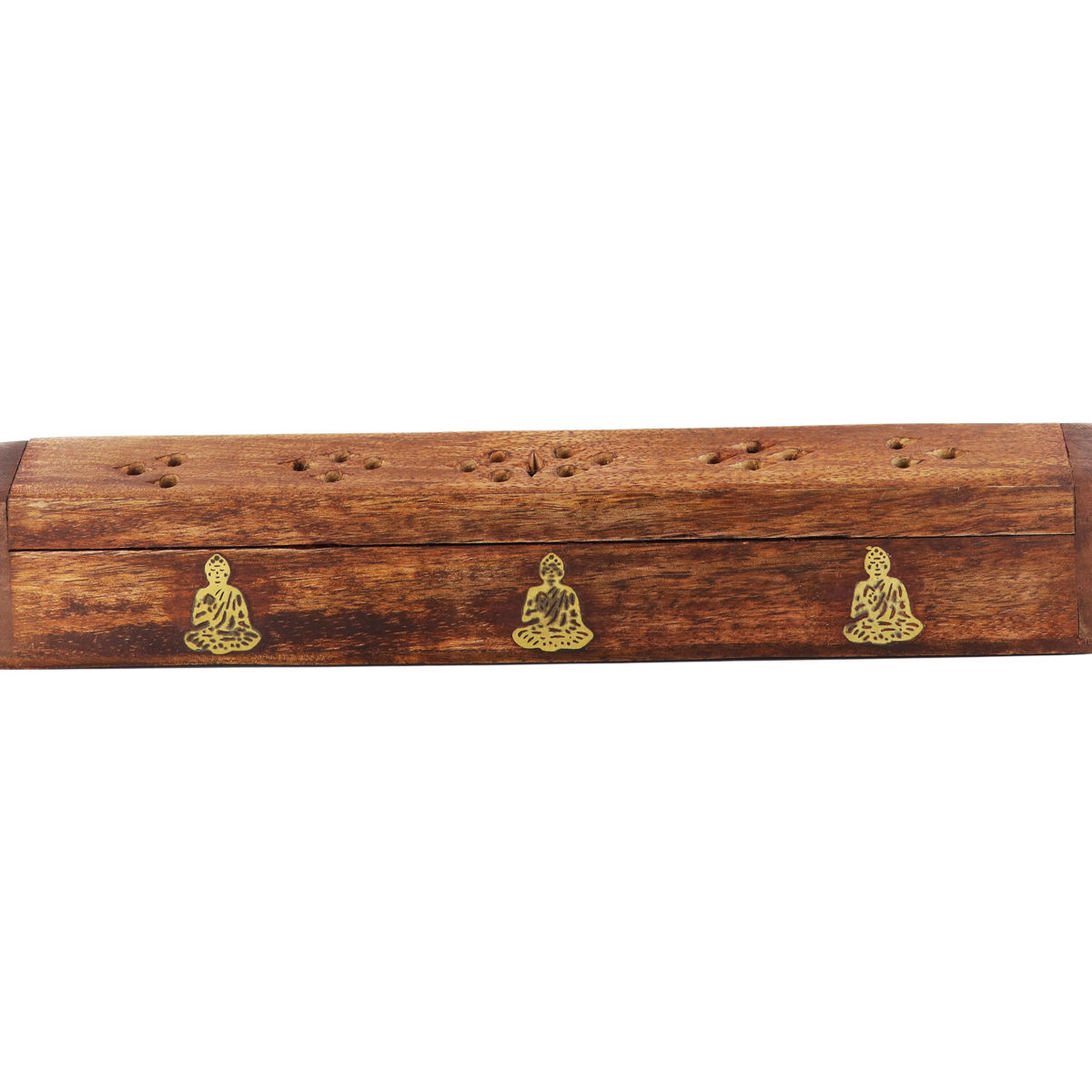 Porte encens coffret pour bâtonnets ou cônes en bois Bouddha longueur 25 cm, hauteur 5 cm.