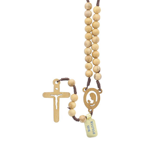 Chapelet sur corde grains en bois d'olivier Ø 7 mm, longueur au cœur 22 cm, coeur bois, croix avec Christ découpé.