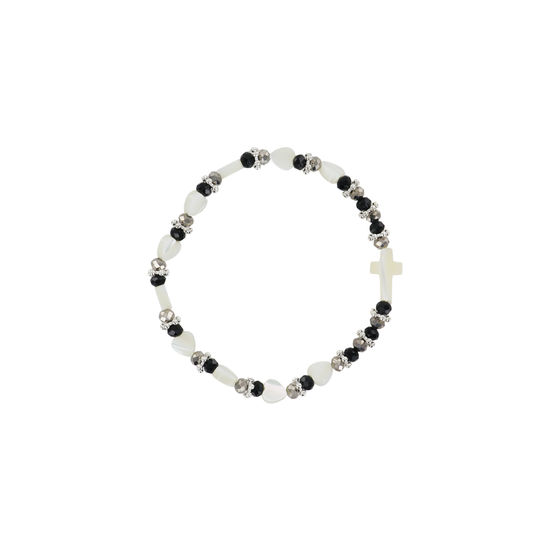 Bracelet dizainier sur élastique grains en nacre forme coeur et grains noirs Ø 5 mm avec croix nacre.