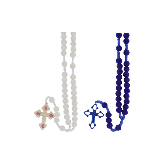 Chapelet grains en velour sur corde, Ø 8 mm, longueur au cœur 25 cm, croix émaillé.