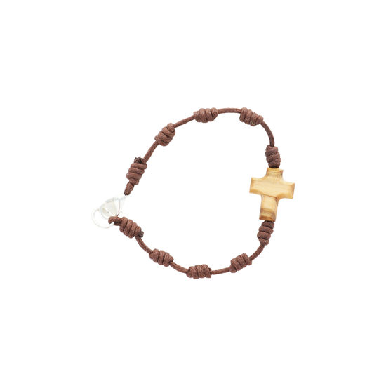Bracelet dizainier enfant en corde avec croix en bois d'olivier. 
