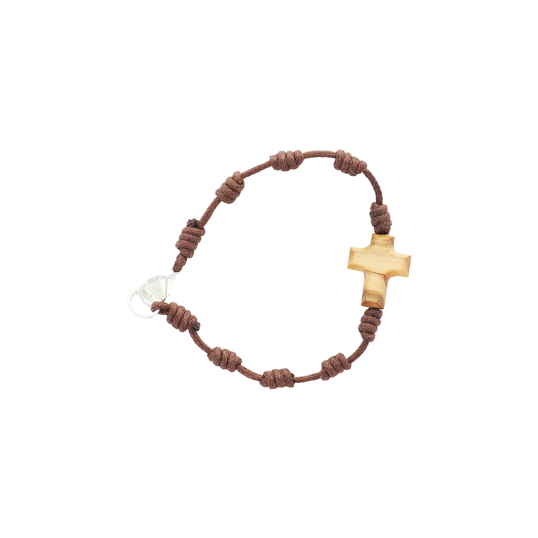 Bracelet dizainier pour enfant en corde avec croix en bois d'olivier. 