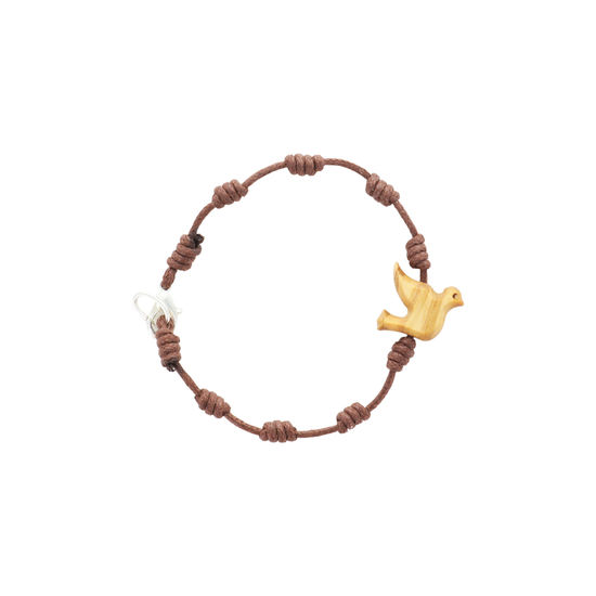 Bracelet dizainier pour enfant sur corde avec colombe en bois d'olivier.
