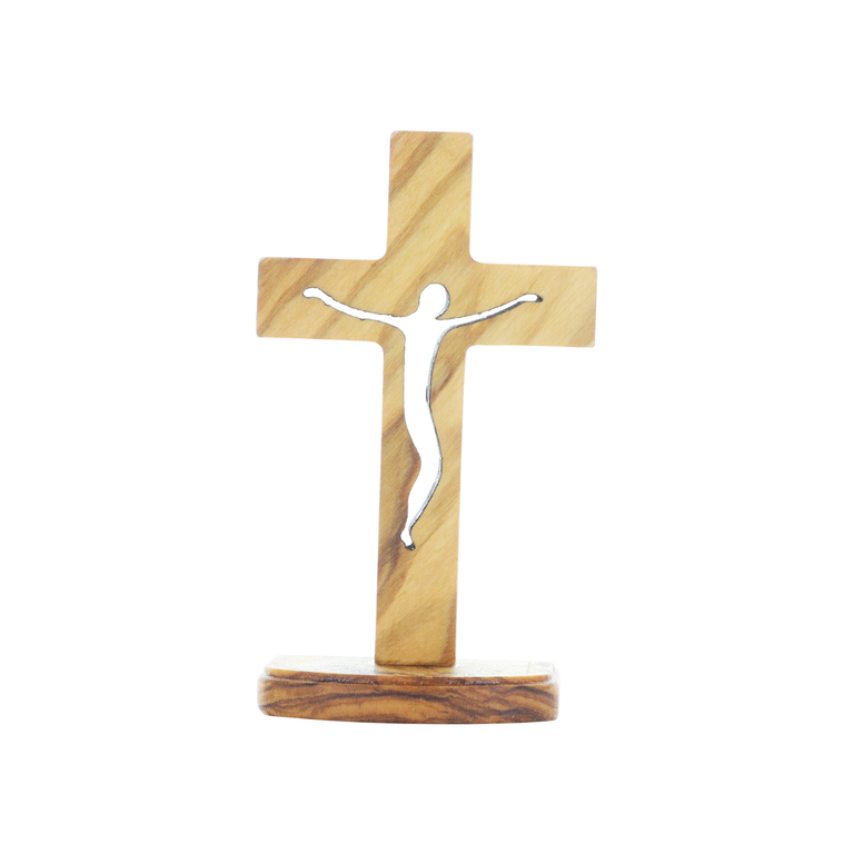 Croix en bois d'olivier avec Christ stylisé ajouré sur socle - H. 8.5 cm. 