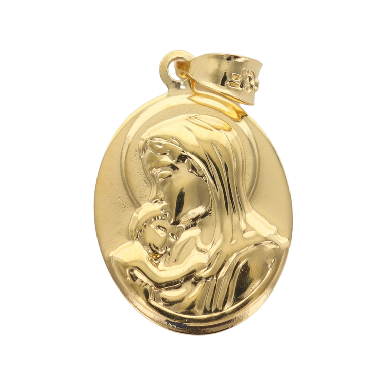 Médaille ovale en plaqué or Ø 1,5 cm de la Vierge à l'enfant. Livrée en boîte.
