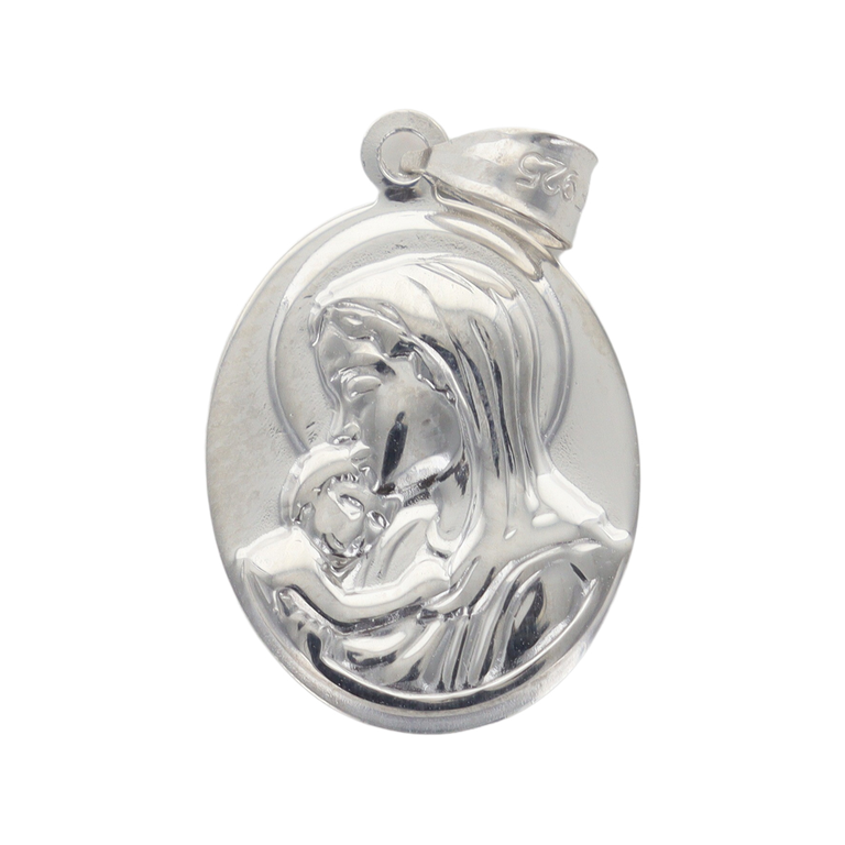 Médaille ovale en argent 925 °/°°  Ø 1,5 cm de la Vierge à l'enfant (0,85 g). Livrée en boîte.